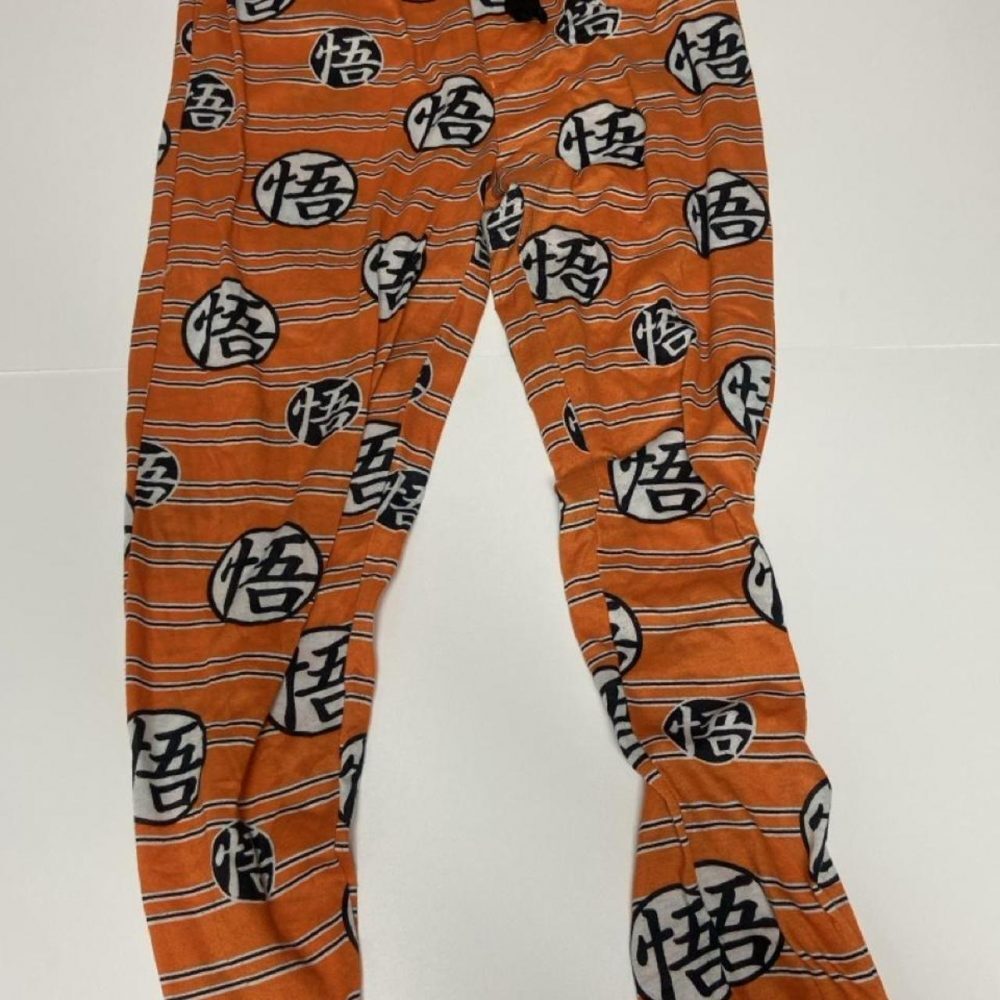 Dragon Ball Z orange polyester sleep pants with white/black Chinese characters,